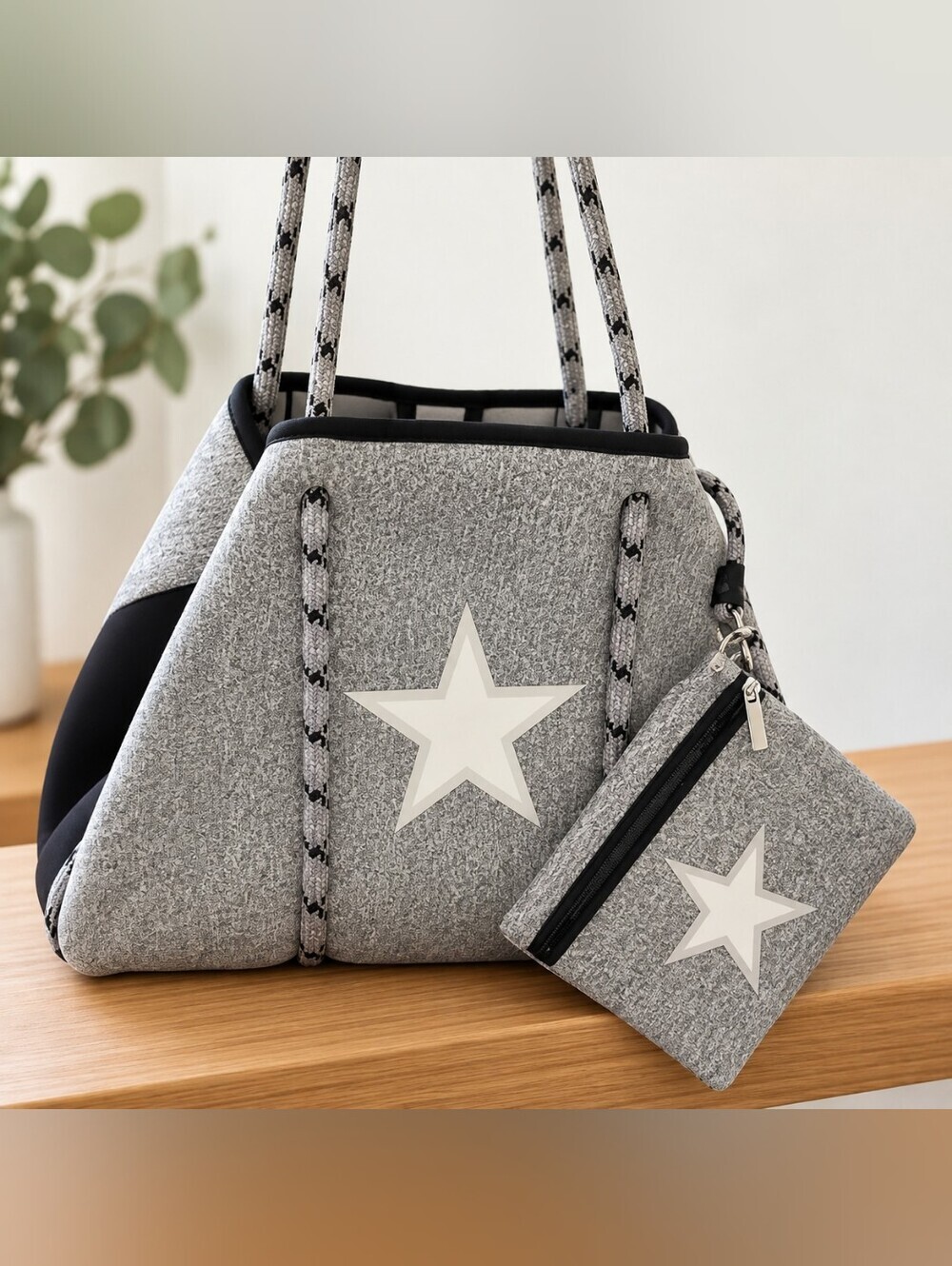 Gray Star Neoprene Tote Bag with Matching Pouch
